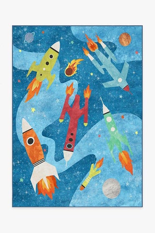 Rocket Ships Space Blue Rug